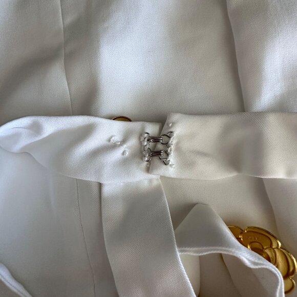 White Sleeveless Mini Dress With Gold Floral Buttons & Open Back Design - Picture 11 of 12